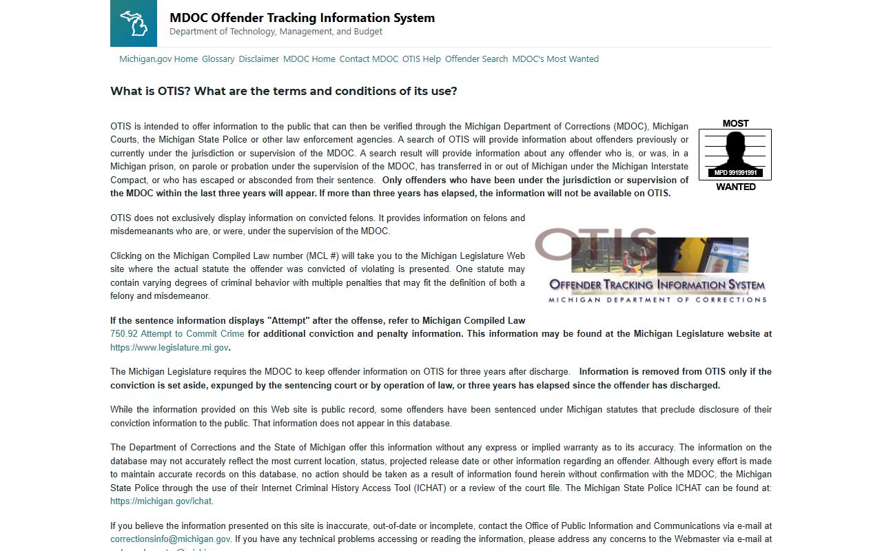 Dickinson County jail mugshots Michigan OTIS offender search